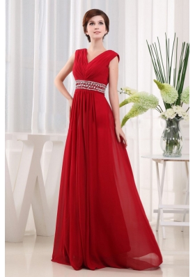 2013 Stylish V-neck Beaded Red Prom Evening Dress Chiffon