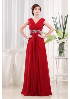 2013 Stylish V-neck Beaded Red Prom Evening Dress Chiffon