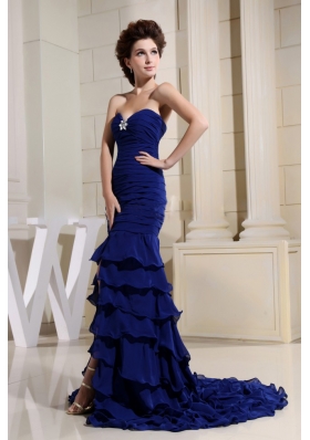 Blue Ruching Slit Prom Dress Ruffled Layers Crystal