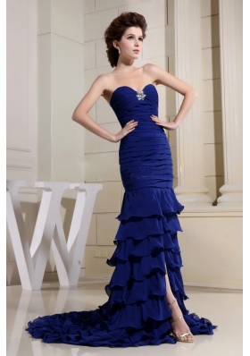 Blue Ruching Slit Prom Dress Ruffled Layers Crystal