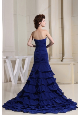 Blue Ruching Slit Prom Dress Ruffled Layers Crystal