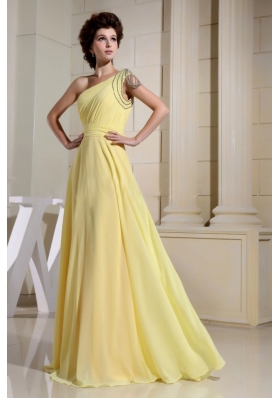 Simple Yellow Prom Dress Beaded One Shoulder