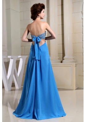 High Slit Beaded Sexy Blue Prom Dress Back Cut