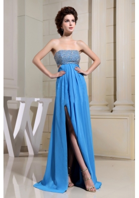 High Slit Beaded Sexy Blue Prom Dress Back Cut