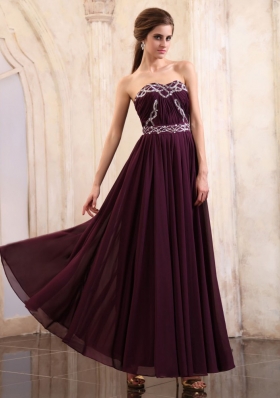 Dark Purple Prom Dress Beaded Ankle-length Chiffon