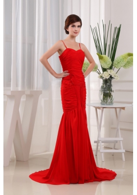 Mermaid Straps Chiffon Brush Pleats Prom Dress Red