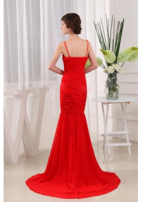 Mermaid Straps Chiffon Brush Pleats Prom Dress Red