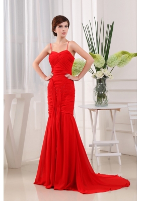 Mermaid Straps Chiffon Brush Pleats Prom Dress Red