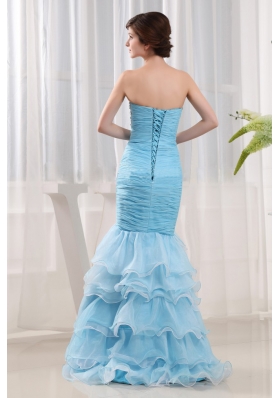 Baby Blue Beaded Ruch Prom Dress Ruffled Layers