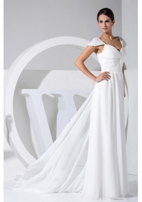 Cap Sleeves Beading V-neck Watteau Dress Wedding