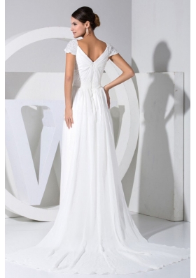 Cap Sleeves Beading V-neck Watteau Dress Wedding