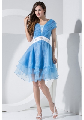 Baby Blue V-neck Short Sleeves Prom Dress Embroidery