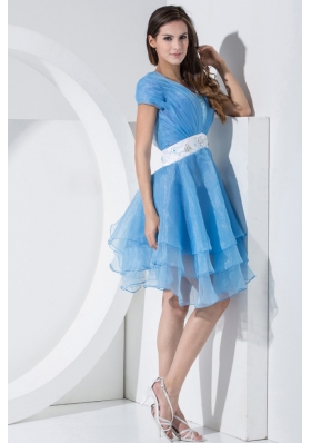 Baby Blue V-neck Short Sleeves Prom Dress Embroidery