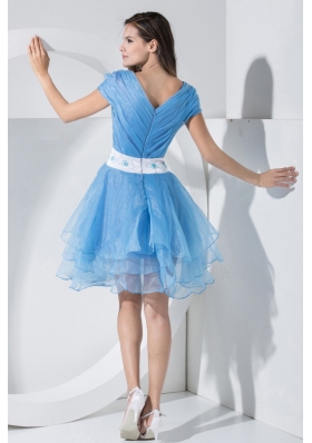 Baby Blue V-neck Short Sleeves Prom Dress Embroidery