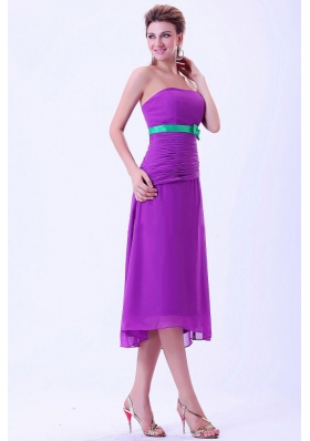 Purple Green Belt Bridemaid Dress Column Tea-length