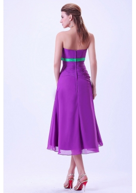 Purple Green Belt Bridemaid Dress Column Tea-length