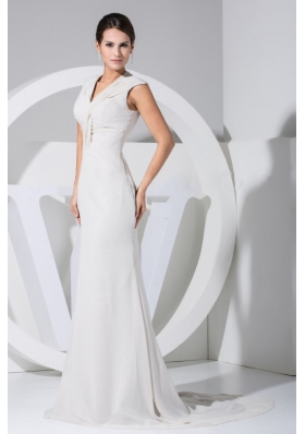 White Brush Train V-neck Ruched Mother Bride Dresses