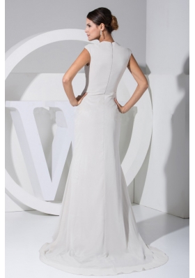 White Brush Train V-neck Ruched Mother Bride Dresses