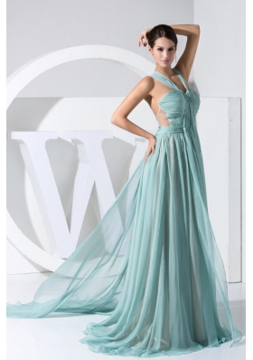 Straps Light Blue 2013 Prom Dress Watteau Backless