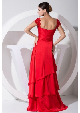 Cap Sleeves Red Tiers Brush Train Prom Dress