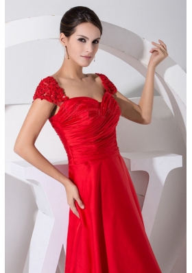 Cap Sleeves Red Tiers Brush Train Prom Dress