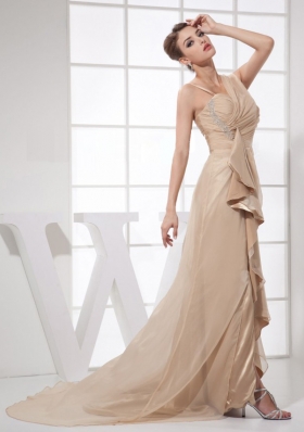 Asymmetrical Straps Champagne Brush Prom Evening Dress