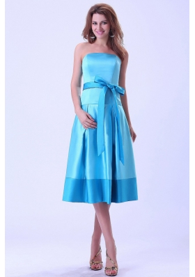 Aqua Bridemaid Dress With Strapless Sash Tea-length