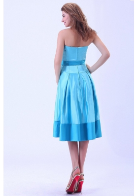 Aqua Bridemaid Dress With Strapless Sash Tea-length