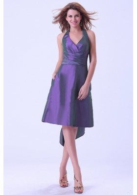 Purple Halter Ruched Bridesmaid Dresses Knee-length