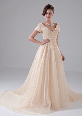 Off Shoulder A-Line Court Train Church Wedding Dress