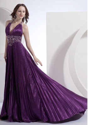 Beading Halter Broad Waistband A-line Brush Prom Dress