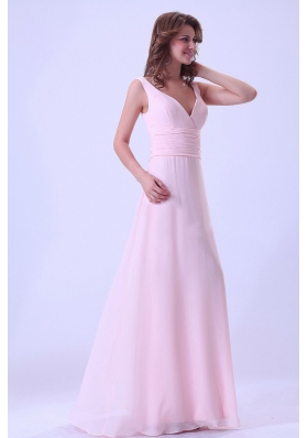 Baby Pink Two Straps Long V-neck Bridemaid Dress