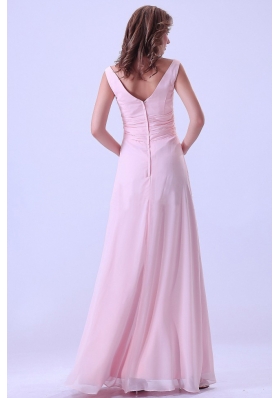 Baby Pink Two Straps Long V-neck Bridemaid Dress