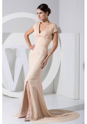 Slit Short Sleeves Champagne V-neck Prom Dress Brush