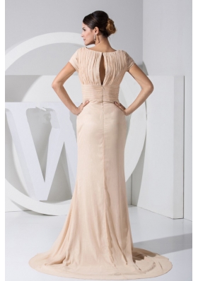 Slit Short Sleeves Champagne V-neck Prom Dress Brush