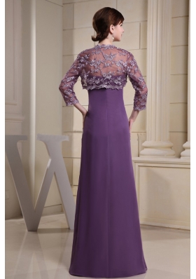 Lace Jacket Mother Bride Dress Ruch Purple Long