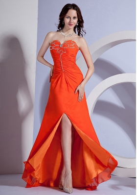 Beading Bust High Slit Orange Brush Prom Dress