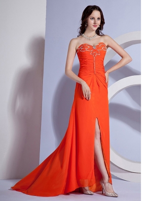 Beading Bust High Slit Orange Brush Prom Dress