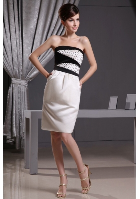 White and Black Beading and Knee-length Prom Dress