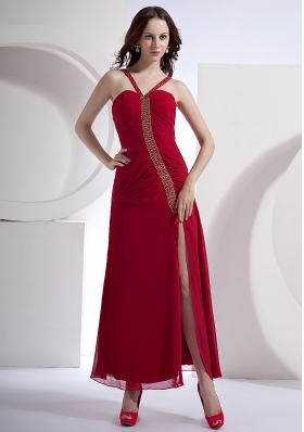 V Shaped Straps Ankle-length Prom Prom Dress Wine Red