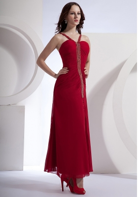 V Shaped Straps Ankle-length Prom Prom Dress Wine Red