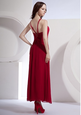 V Shaped Straps Ankle-length Prom Prom Dress Wine Red