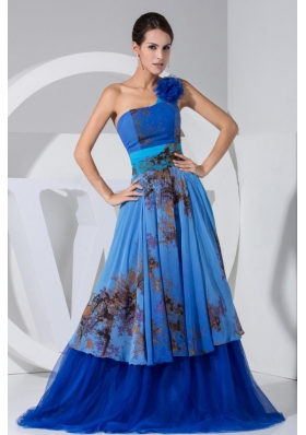 Printing Flower Bodice Blue Tulle Brush Prom Dress