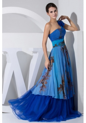 Printing Flower Bodice Blue Tulle Brush Prom Dress