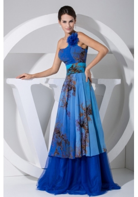 Printing Flower Bodice Blue Tulle Brush Prom Dress