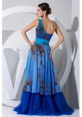 Printing Flower Bodice Blue Tulle Brush Prom Dress