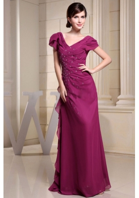 V-neck Short Sleeves Mother Bride Dress Beading