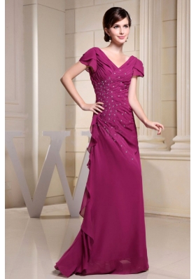 V-neck Short Sleeves Mother Bride Dress Beading