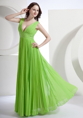 Deep V-neck Floor-length Waistband Pleated Prom Dress