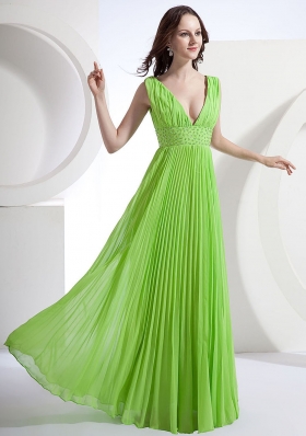 Deep V-neck Floor-length Waistband Pleated Prom Dress